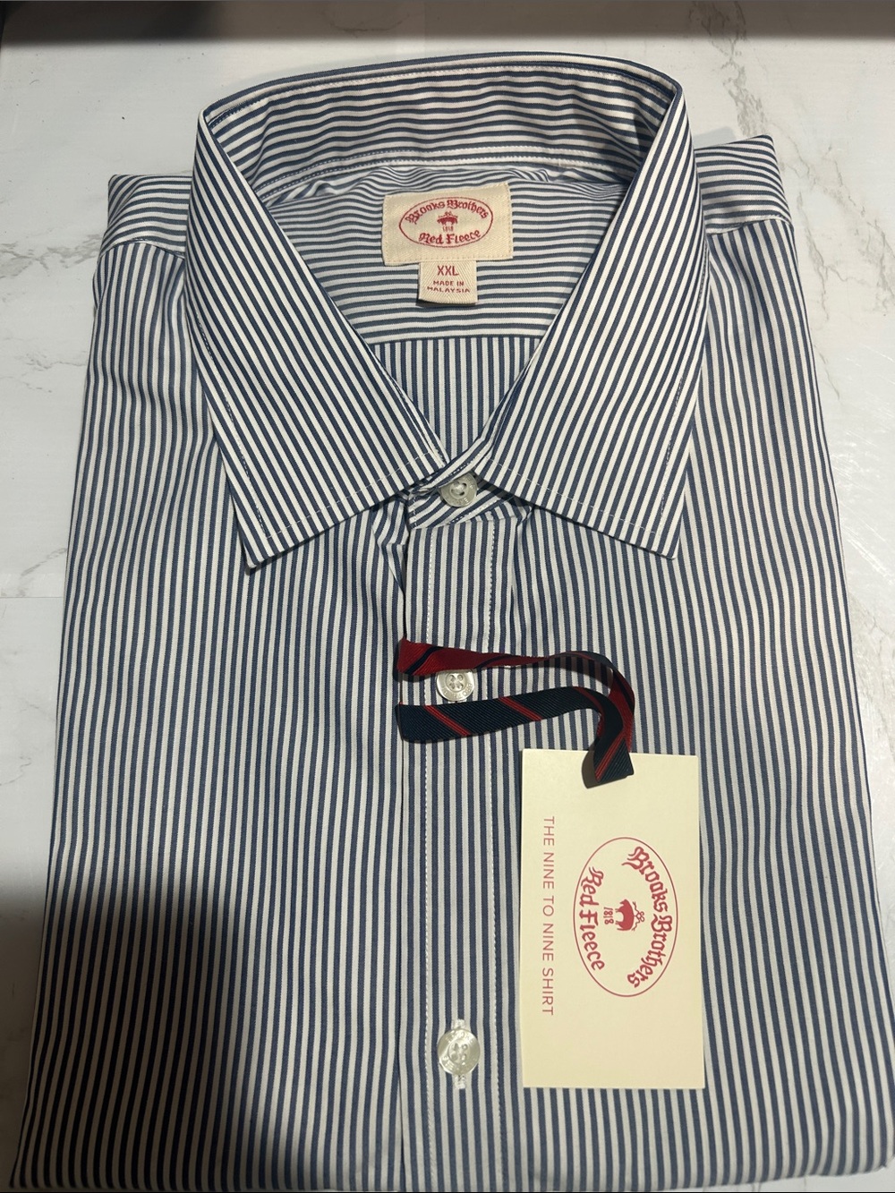 Brooks Brothers Navy and White Narrow Stripe Dress Shirt